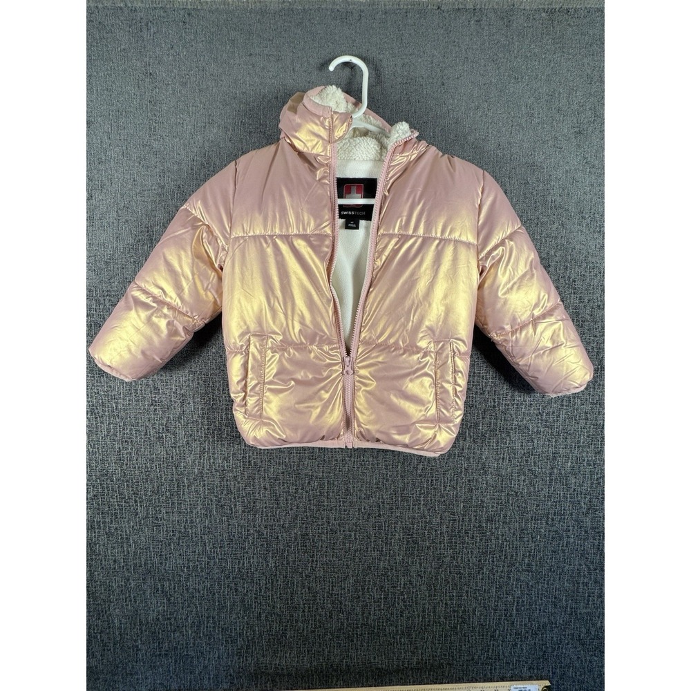 SWISS TECH Size 4T Hooded Puffer Jacket Roll Mitten Cuff Rose Gold Metallic
